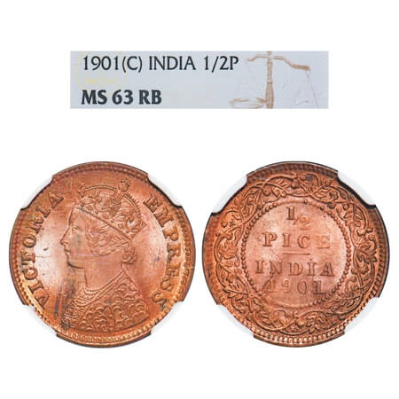 Victoria Empress, Copper, 1/2 Pice, 1901, Calcutta Mint, A/I, No mint mark. F. Prid 734. G