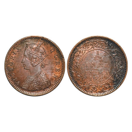 Victoria Queen, Copper, 1/12 Anna, 1862, Calcutta Mint, A/I. F. Prid 780. GK 403. Uncircul