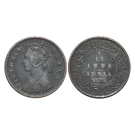 Victoria Queen, Copper, 1/12 Anna, 1875, Calcutta Mint, Obv A, No mint mark. F. Prid 784. 
