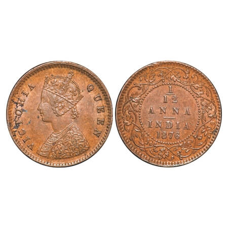 Victoria Queen, Copper, 1/12 Anna, 1876, Calcutta Mint, Obv A, No mint mark. F. Prid 785. 