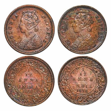 Victoria Empress, Copper, 1/12 Anna, (2 coins), 1) 1877, Bombay Mint, Obv A, No mint mark,