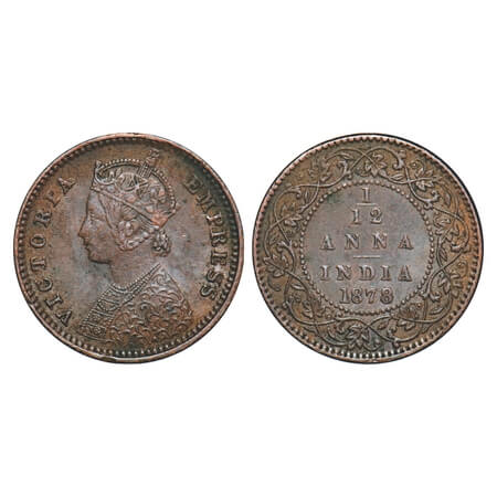 Victoria Empress, Copper, 1/12 Anna, 1878, Calcutta Mint, Obv 'B', No mint mark. F. Prid 7