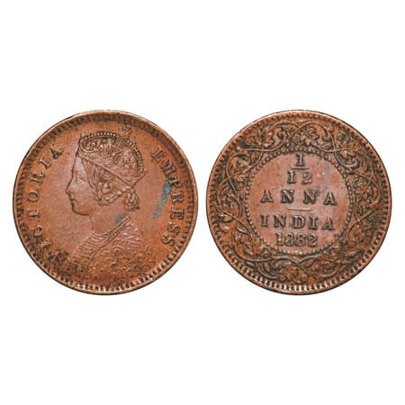 Victoria Empress, Copper, 1/12 Anna, 1882, Calcutta Mint, Obv B, No mint mark. F. Prid 788