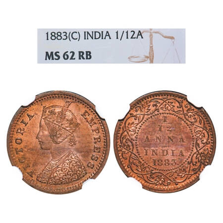 Victoria Empress, Copper, 1/12 Anna, 1883, Calcutta Mint, Obv B, No mint mark. F. Prid 789