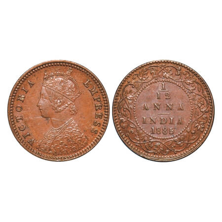 Victoria Empress, Copper, 1/12 Anna, 1885, Calcutta Mint, Obv 'B', No mint mark. F. Prid 7