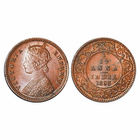 Victoria Empress, Copper, 1/12 Anna, 1895, Calcutta Mint, Obv B, No mint mark. F. Prid 800