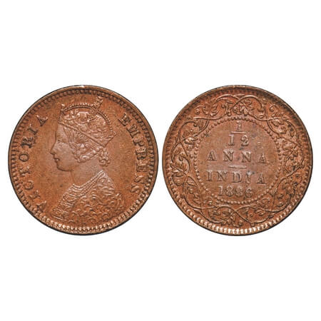 Victoria Empress, Copper, 1/12 Anna, 1886, Calcutta Mint, Obv B, 'C' incused. F. Prid 791.
