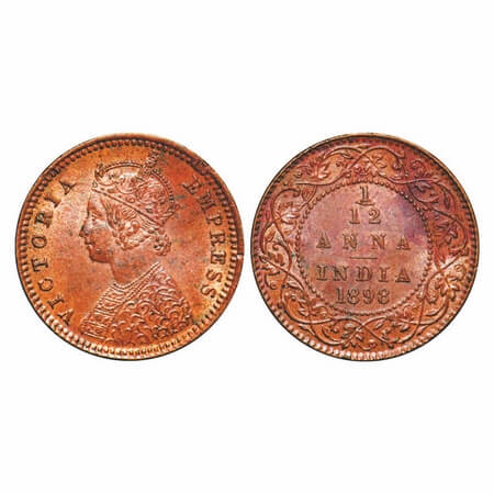 Victoria Empress, Copper, 1/12 Anna, 1898, Calcutta Mint, Obv B, No mint mark. F. Prid 803
