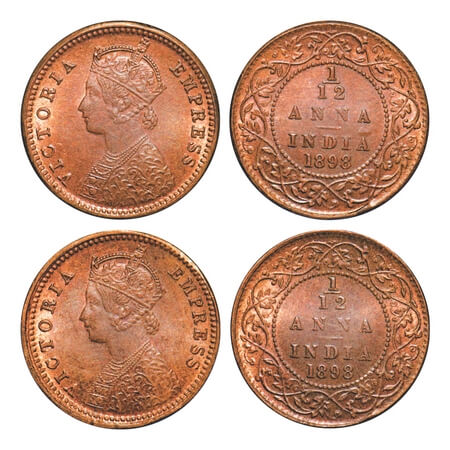 Victoria Empress, Copper, 1/12 Anna, (2 coins), 1898, Calcutta Mint, Obv B, No mint mark. 