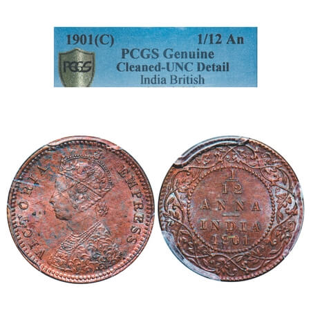 Victoria Empress, Copper, 1/12 Anna, 1901, Calcutta Mint, Obv B, No mint mark. F. Prid 805