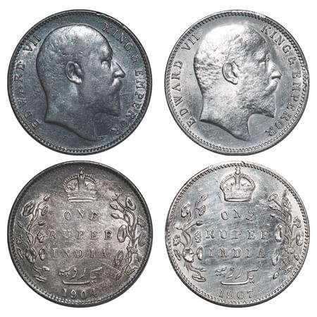 Edward VII, Silver, Rupee, (2 coins), Bombay Mint, 1) 1904, 'B' incused and dot, 5 Diamond