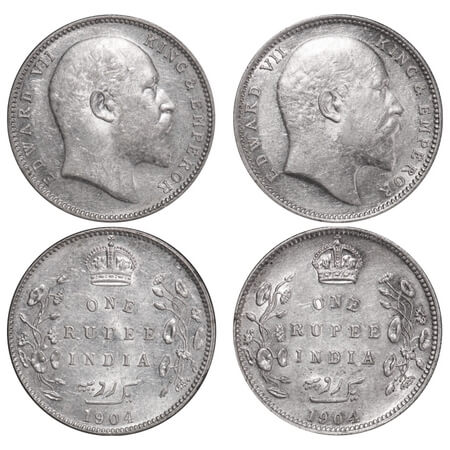 Edward VII, Silver, Rupee, 1904, (2 coins), Bombay Mint, 'B' incused and dot, 1) 5 Diamond