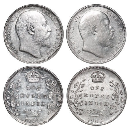 Edward VII, Silver, Rupee, 1905, (2 coins), 1) Calcutta Mint, No mint mark, 2) Bombay Mint