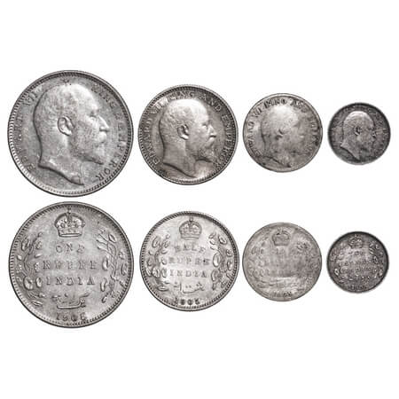 Edward VII, Silver, Rupee, Half Rupee, 1/4 Rupee, 2 Annas, (4 coins), 1905, 1) Rupee, Bomb