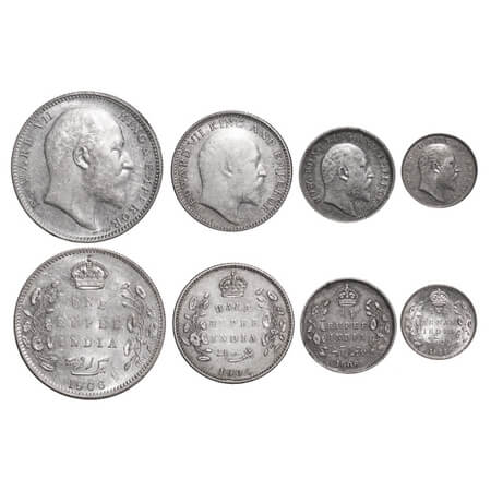 Edward VII, Silver, Rupee, Half Rupee, 1/4 Rupee, 2 Annas, (4 coins), 1906, 1) Rupee, Bomb
