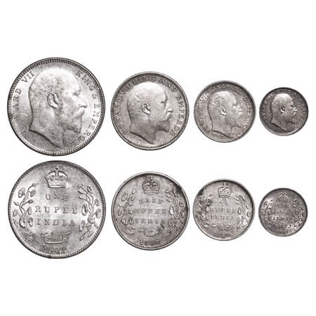 Edward VII, Silver, Rupee, Half Rupee, 1/4 Rupee, 2 Annas, (4 coins), 1907, 1) Rupee, Bomb