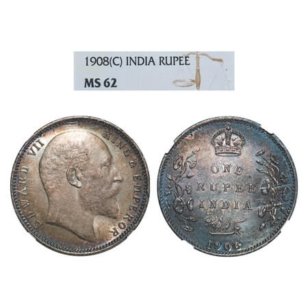 Edward VII, Silver, Rupee, 1908, Calcutta Mint, No mint mark, Die rotation on Rev. F. Prid