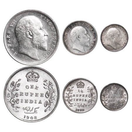 Edward VII, Silver, Rupee, 1/4 Rupee, 2 annas, (3 coins), 1908, Calcutta Mint, No mint mar