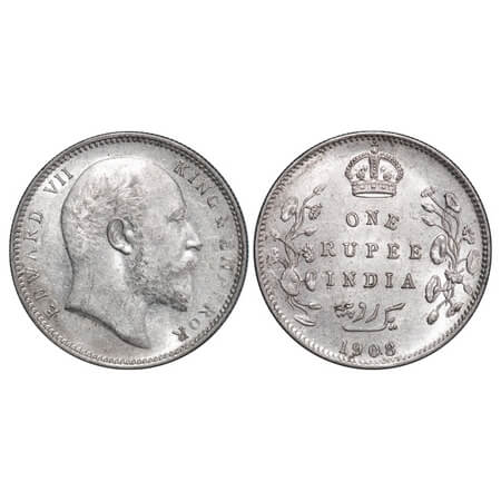 Edward VII, Silver, Rupee, 1908, Calcutta Mint, No mint mark. F. Prid 194. GK 946. Almost 