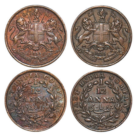 William IV, Copper, 1/12 Anna, (2 coins), 1835, Madras Mint, 1) Rev I, Wreath with 13 Berr