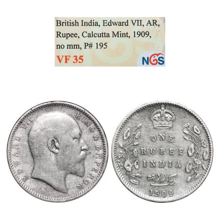 Edward VII, Silver, Rupee, 1909, Calcutta Mint, No mint mark. F. Prid 195. GK 950. NGS Sla