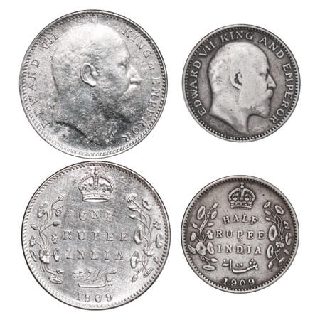 Edward VII, Silver, Rupee, Half Rupee, (2 coins), 1909, 1) Rupee, Bombay Mint, No 'B' only