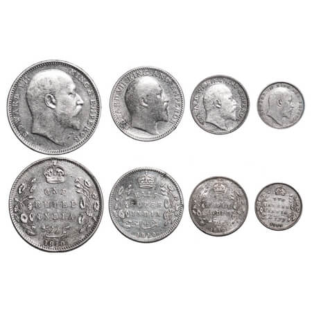 Edward VII, Silver, Rupee, Half Rupee, 1/4 Rupee, 2 Annas, (4 coins), 1910, 1) Rupee, Bomb