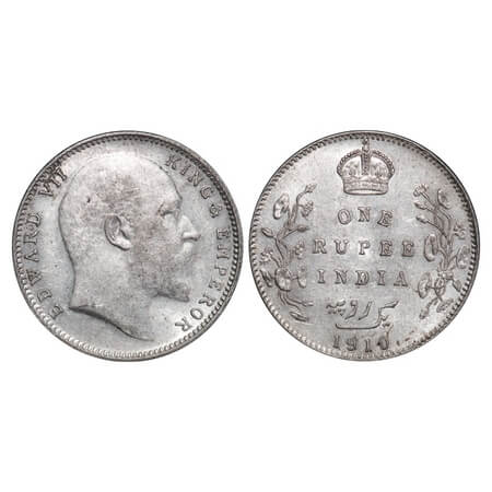 Edward VII, Silver, Rupee, 1910, Bombay Mint, No B only dot, Planchet flaw on Obv. F. Prid