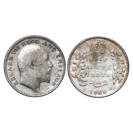 Edward VII, Silver, Half Rupee, 1908, Calcutta Mint, No mint mark. F. Prid 312. GK 968. Ve