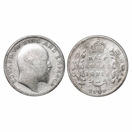 Edward VII, Silver, Half Rupee, 1909, Calcutta Mint, No mint mark. F. Prid 313. GK 969. Fi