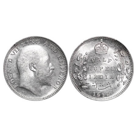 Edward VII, Silver, Half Rupee, 1910, Bombay Mint, 'B' incused and dot, Planchet flaw on R