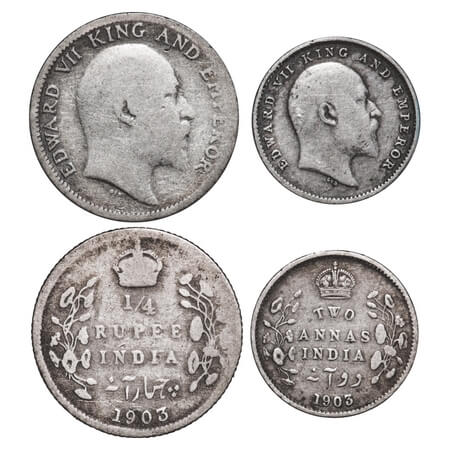 Edward VII, Silver, 1/4 Rupee, 2 Annas, (2 coins), 1903, Calcutta Mint, No mint mark. F. P