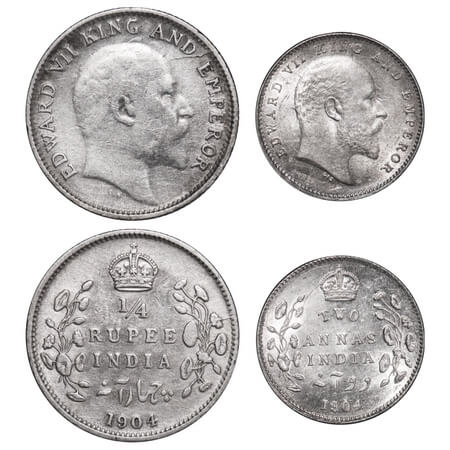 Edward VII, Silver, 1/4 Rupee, 2 Annas, (2 coins), 1904, Calcutta Mint, No mint mark. F. P