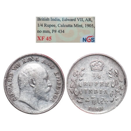 Edward VII, Silver, 1/4 Rupee, 1905, Calcutta Mint, No mint mark. F. Prid 434. GK 974. NGS