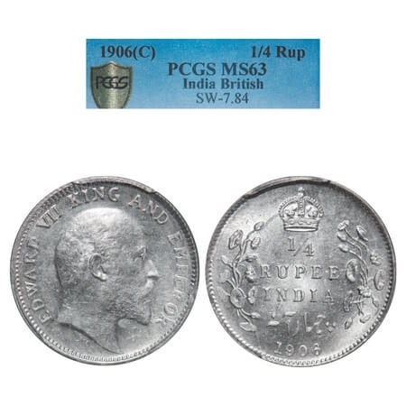 Edward VII, Silver, 1/4 Rupee, 1906, Calcutta Mint, No mint mark. F. Prid 435. GK 975. PCG