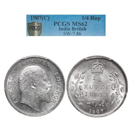 Edward VII, Silver, 1/4 Rupee, 1907, Calcutta Mint, No mint mark. F. Prid 436. GK 976. PCG