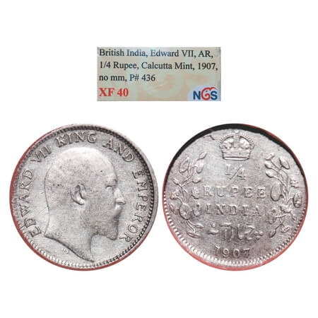 Edward VII, Silver, 1/4 Rupee, 1907, Calcutta Mint, No mint mark. F. Prid 436. F. Prid 436