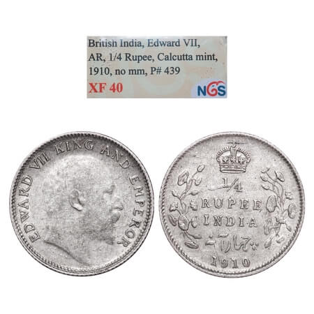 Edward VII, Silver, 1/4 Rupee, 1910, Calcutta Mint, No mint mark. F. Prid 439. GK 978. NGS