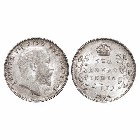 Edward VII, Silver, 2 Annas, 1904, Calcutta Mint, No mint mark. F. Prid 557. GK 981. Uncir
