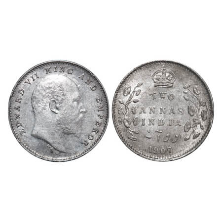 Edward VII, Silver, 2 Annas, 1907, Calcutta Mint, No mint mark. F. Prid 560. GK 984. Uncir