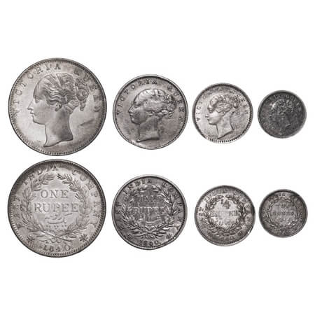 Victoria Queen, Silver, Rupee, Half Rupee, 1/4 Rupee, 2 Annas, (4 coins), CL, 1) Rupee, 18