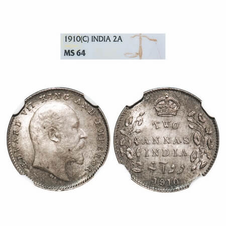 Edward VII, Silver, 2 Annas, 1910, Calcutta Mint, No mint mark. F. Prid 563. GK 987. NGC S