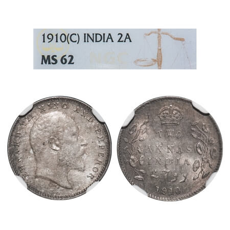 Edward VII, Silver, 2 Annas, 1910, Calcutta Mint, No mint mark. F. Prid 563. GK 987. NGC S