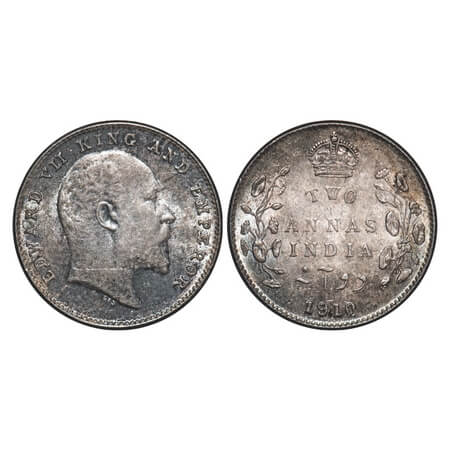 Edward VII, Silver, 2 Annas, 1910, Bombay Mint, Dot. F. Prid Unlisted. GK 988. About Uncir