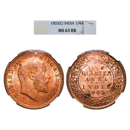 Edward VII, Copper, Quarter Anna, 1903, Calcutta Mint, No mint mark. F. Prid 646. GK 994. 