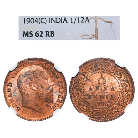 Edward VII, Copper, 1/12 Anna, 1904, Calcutta Mint, No mint mark. F. Prid 647. GK 995. NGC