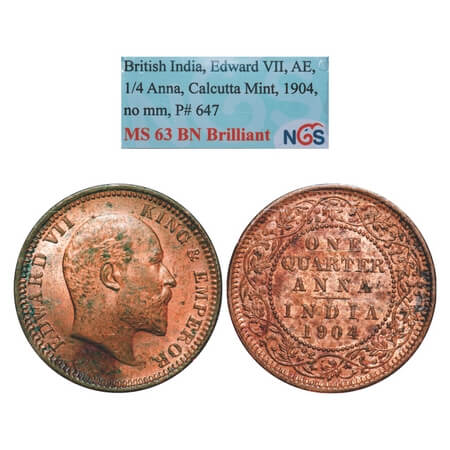 Edward VII, Copper, Quarter Anna, 1904, Calcutta Mint, No mint mark. F. Prid 647. GK 995. 