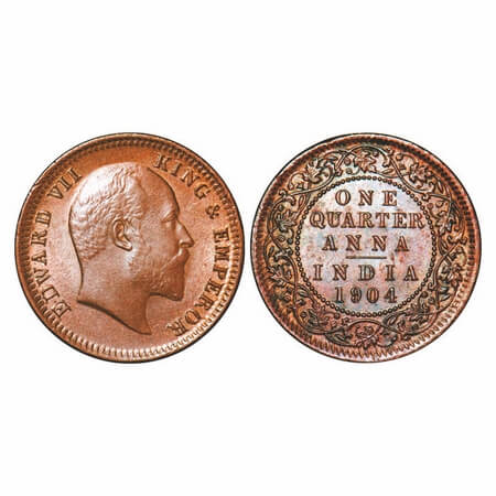 Edward VII, Copper, Quarter Anna, 1904, Calcutta Mint, No mint mark. F. Prid 647. GK 995. 
