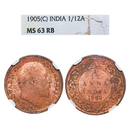 Edward VII, Copper, 1/12 Anna, 1905, Calcutta Mint, No mint mark. F. Prid 820. GK 1014. NG