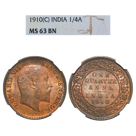Edward VII, Bronze, Quarter Anna, 1910, Calcutta Mint, No mint mark. F. Prid 655. GK 1002.